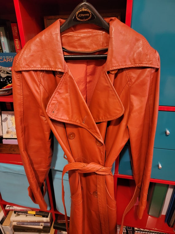 1970s LEATHER fabulous Burnt Orange Trench Coat