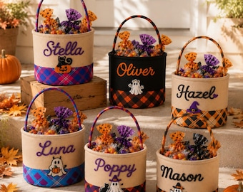 Personalized Halloween Candy Basket, Embroidered Name Trick or Treat Bucket, Custom Kids Halloween Gift, Handmade Keepsake Basket