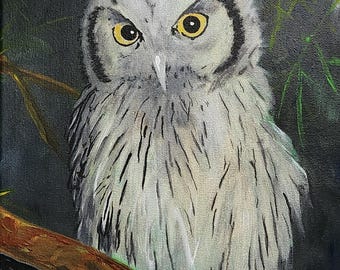 Eyes in the Dark Owl Acrylic Painting, Original Stretched Canvas Wall Art