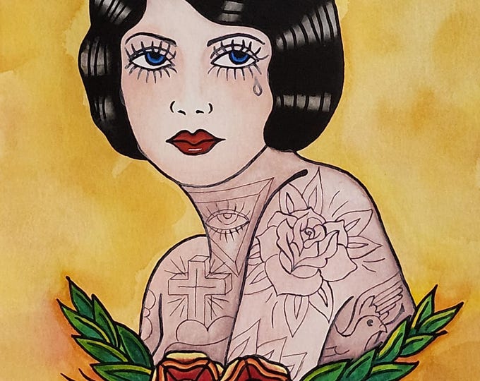 Jazz Age Pearl Art – Hand Painted Ink & Watercolor Portrait