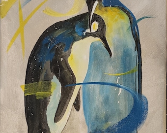 Antarctic Love Penguin Acrylic Painting on Canvas, 11x14 Unframed Original Art