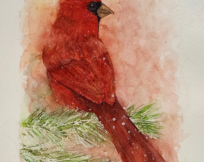 Original Winter Cardinal Watercolor Painting, Signed Bird Art