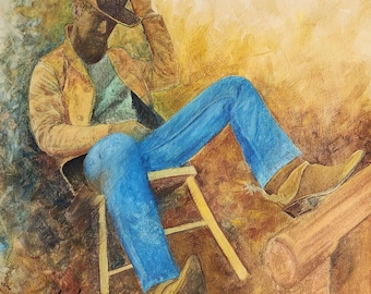 Boots and Blue Jeans Gouache Painting - Original Art, Signed