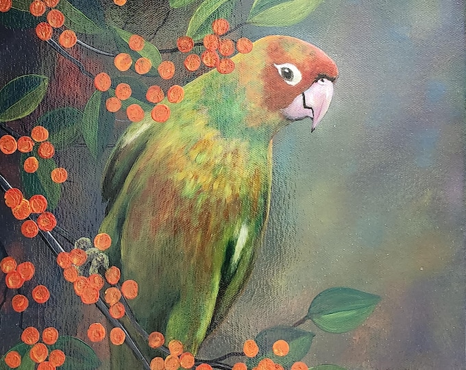 Original Oil Painting of Parrot on Branch, Hand-Painted Canvas Art