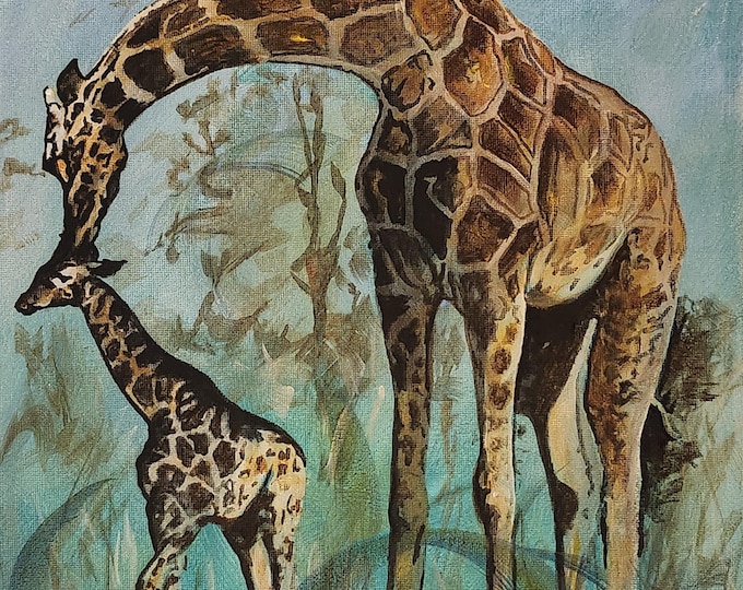 Giraffe Mother and Baby Acrylic Painting, Original Wildlife Art, Hand Painted Canvas
