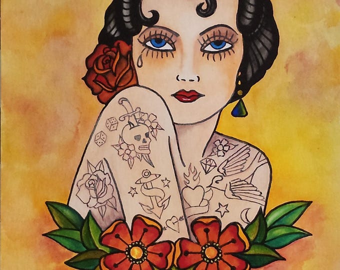 Speakeasy Spirit Art – Hand Painted Ink & Watercolor Tattoo Girl Portrait
