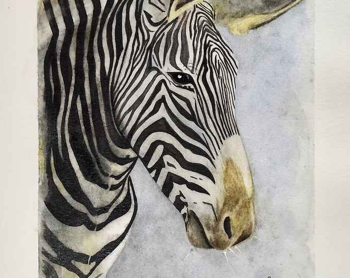 Zebra Watercolor Painting, Original Art, 11x8.5 Unframed