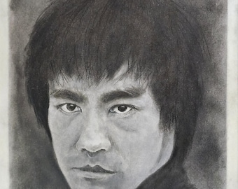 Original Charcoal Portrait, Bruce Lee Art, Signed Artwork