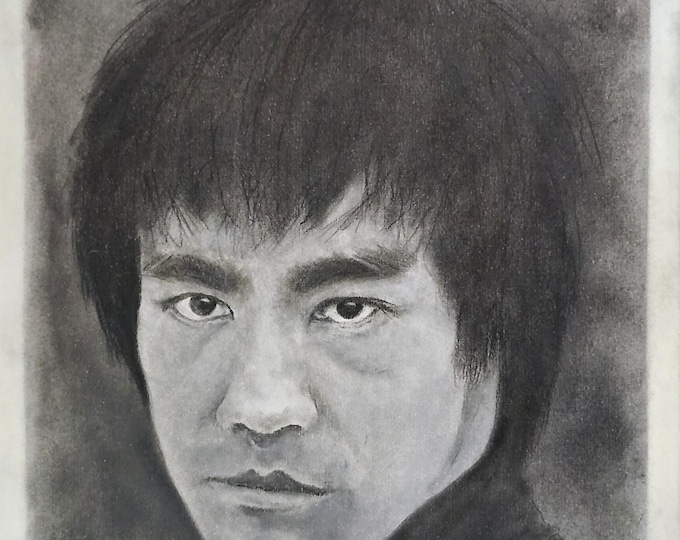 Original Charcoal Portrait, Bruce Lee Art, Signed Artwork