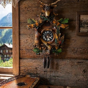 Könnte beinhalten: Eine Holzkuckucksuhr mit einem Hirschkopf, gekreuzten Gewehren und einem Vogel. Die Uhr hat ein rundes Zifferblatt mit römischen Ziffern und dekorativen Blättern. Zwei Tannenzapfen-Gewichte hängen darunter. Die Uhr ist an einer Holzwand befestigt.