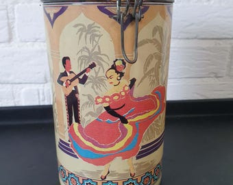 Vintage blikken koffie bewaar blik  met tuimeldeksel plastic zwart,   geïllustreerd Spaanse danser