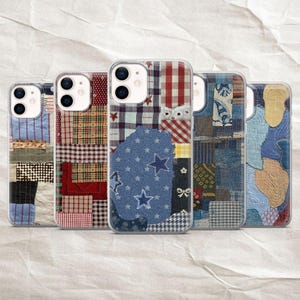 May include: Five phone cases with patchwork designs. The cases feature a variety of fabrics in red, blue, and white, including plaid, denim, and star patterns. Each case has a clear border and a camera cutout.