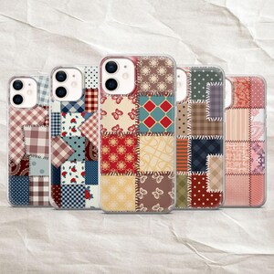 May include: Five smartphone cases arranged in a row, each featuring a distinct patchwork design. The patterns include various geometric shapes, floral motifs, butterfly prints, polka dots, and plaid textures in a diverse colour palette of red, blue, brown, and cream.