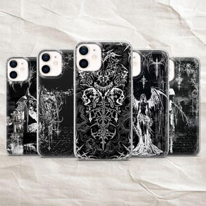 May include: Five smartphone cases arranged in a row, each featuring a distinct black and white graphic design. The patterns include intricate line art, gothic-inspired illustrations of winged figures, crosses, and abstract, swirling, dark motifs.