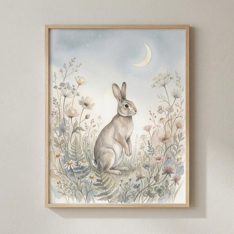 Moon Garden Rabbit Print | Celestial Bunny Watercolor Nursery Wall Art ...