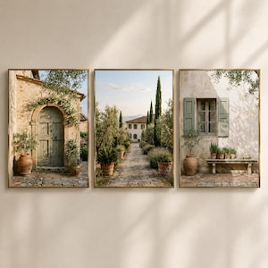 Op de afbeelding: Een drieluik van ingelijste wandkunst met mediterrane taferelen. Het linkerpaneel toont een gewelfde houten deur met potplanten. Het middelste paneel toont een stenen pad dat naar een villa leidt. Het rechterpaneel toont een raam met luiken.