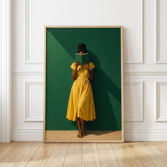 emerald green and yellow dress Woman Reading Print | Wall Art (digital Download) Size:49