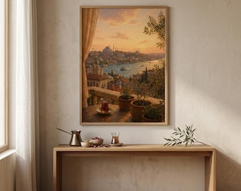 Istanbul Bosphorus Print, Balkon Blick, türkischer Tee Skyline, Reiseposter (Digitaler Download)
