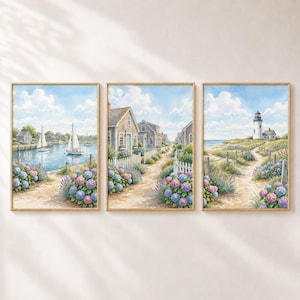 Väggkonst Cape Cod set med 3, preppy kuststugatryck, hortensia sommardekor