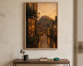 Edinburgh Castle Regnerische Straßenkunst, gemütliches Stadtbild - Reiseposter (digitaler Download)