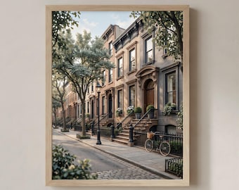 New York Brownstone Druck, Von Bäumen gesäumtes Stadthaus, Wandkunst (Digitaler Download)