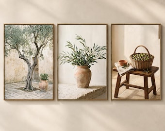 Set of 3 Olive Botanical Prints, Vintage Mediterranean Wall Art (Digital Download)