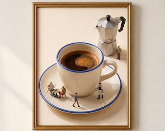 May include: A framed print featuring a large cream-colored coffee cup and saucer with a blue rim. Miniature figures are arranged on the saucer, including people at a small table and a server. A silver moka pot stands next to the cup.
