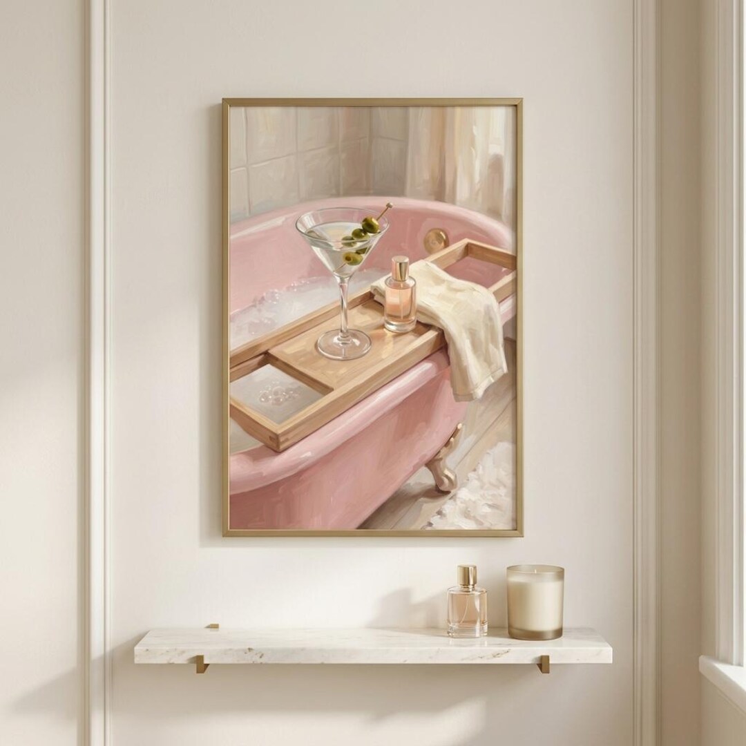 Pink Bathtub Tray Printable Wall Art, Martini Perfume Glam Bathroom ...