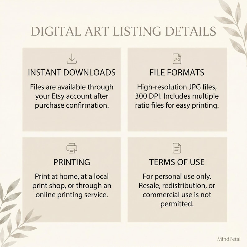 K&ouml;nnte beinhalten: Grafik mit Details zu digitalen Kunstangeboten. Enth&auml;lt Abschnitte zu Sofort-Downloads, Dateiformaten, Druck und Nutzungsbedingungen. Der Text ist in einer neutralen Schriftart auf hellbeigem Hintergrund dargestellt.