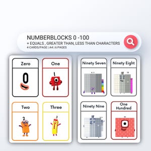 Könnte beinhalten: Lernkarten mit Numberblocks von 0 bis 100, einschließlich der Symbole für gleich, größer als und kleiner als. Jede Karte zeigt eine Zahl und ihren entsprechenden Numberblock-Charakter. Das Set enthält 4 Karten pro Seite.