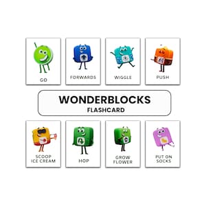 Puede incluir: Un conjunto de tarjetas didácticas Wonderblocks con personajes de bloques animados y coloridos. Cada tarjeta muestra una acción diferente, como "Go", "Forwards" y "Wiggle". El texto "Wonderblocks Flashcard" está incluido.