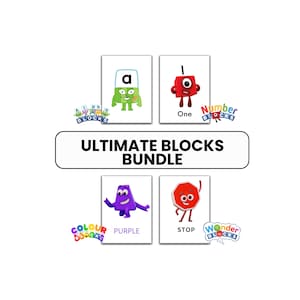 May include: A collection of four illustrated cards with characters and the words "a", "One", "Purple", and "Stop". The cards are part of the "Ultimate Blocks Bundle" and feature logos for "Alpha Blocks", "Number Blocks", "Colour Blocks", and "Wonder Blocks".