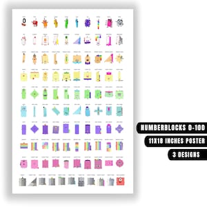 Puede incluir: Un póster blanco con coloridos personajes de Numberblocks que representan los números del 0 al 100. El póster está etiquetado como "Numberblocks 0-100" y mide 28x46 cm. El póster tiene 3 diseños.