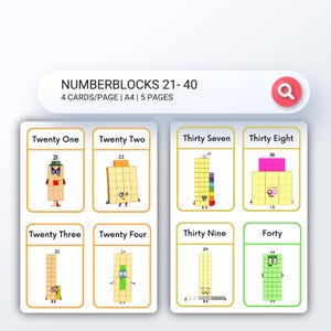 May include: Educational flashcards featuring Numberblocks from 21 to 40. Each card displays a number represented by colorful block characters with faces. The cards are arranged in a grid, with the title "NUMBERBLOCKS 21-40" at the top.