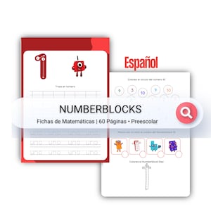 May include: Two open workbooks with Numberblocks-themed math exercises. The left workbook features the number one and the word "uno". The right workbook has the word "Español" and a search icon. The text "NUMBERBLOCKS" is visible.