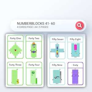 May include: A set of Numberblocks flashcards featuring numbers 41-60. Each card displays a number represented by colorful block characters. The cards are arranged in a grid, with the text "NUMBERBLOCKS 41-60" at the top.