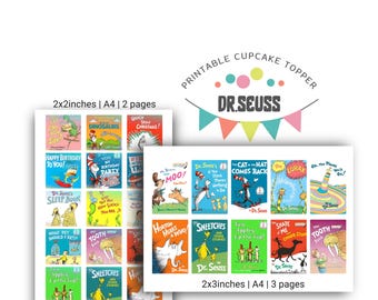 Okładki książek Dr. Seussa | Dekoracje na imprezę do druku (do pobrania w wersji cyfrowej) | Ozdoba na babeczkę, magnes na lodówkę