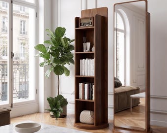 Specchio a figura intera in legno con mensola, mobile contenitore in stile scandinavo
