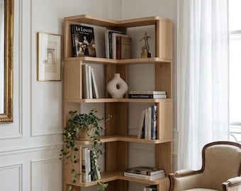 Libreria angolare moderna in legno / Scaffale angolare salvaspazio / Espositore minimalista in rovere / Mobile contenitore per soggiorno