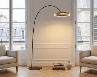 Lámpara de pie moderna con arco LED y luz de anillo tipo halo, lámpara de pie de diseño minimalista.