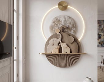 Quadro da parete con famiglia di elefanti in legno stratificato, decorazione scandinava a LED