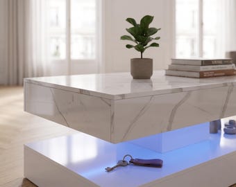 Modern Marble Coffee Table with LED Storage Shelf, High Gloss White Living Room Furniture