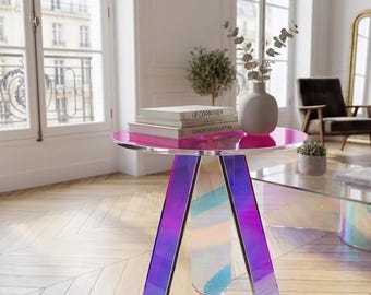 Tavolino laterale in acrilico iridescente, tavolino da caffè olografico moderno, tavolino d'appoggio minimalista contemporaneo, arredamento di lusso con accenti arcobaleno