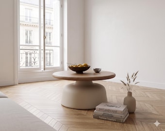 Round Wooden Coffee Table, Sculptural Base, Minimalist Living Room Furniture