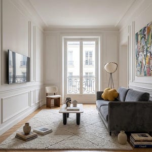 May include: A contemporary living room featuring a grey sofa, a white rug, and a coffee table. An abstract painting adorns the wall. A flat-screen TV is mounted on the wall. The room has a minimalist design.
