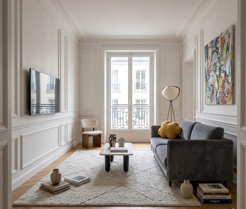 May include: A contemporary living room featuring a grey sofa, a white rug, and a coffee table. An abstract painting adorns the wall. A flat-screen TV is mounted on the wall. The room has a minimalist design.