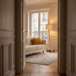May include: Interior view of a living room with a cream sofa and a yellow cloud-shaped cushion. A patterned rug rests on a wooden floor. A floor lamp and a window with shutters are in the background.