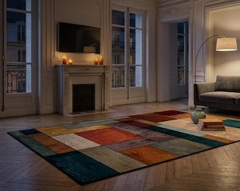 Tappeto moderno a patchwork geometrico, tappeto astratto per soggiorno, decorazione contemporanea per pavimenti.