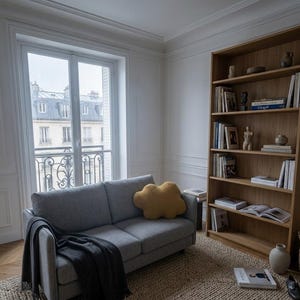 May include: A living room with a grey sofa, a yellow cloud-shaped cushion, and a dark grey throw. A tall wooden bookcase displays books and ornaments. A window provides a view of a city.