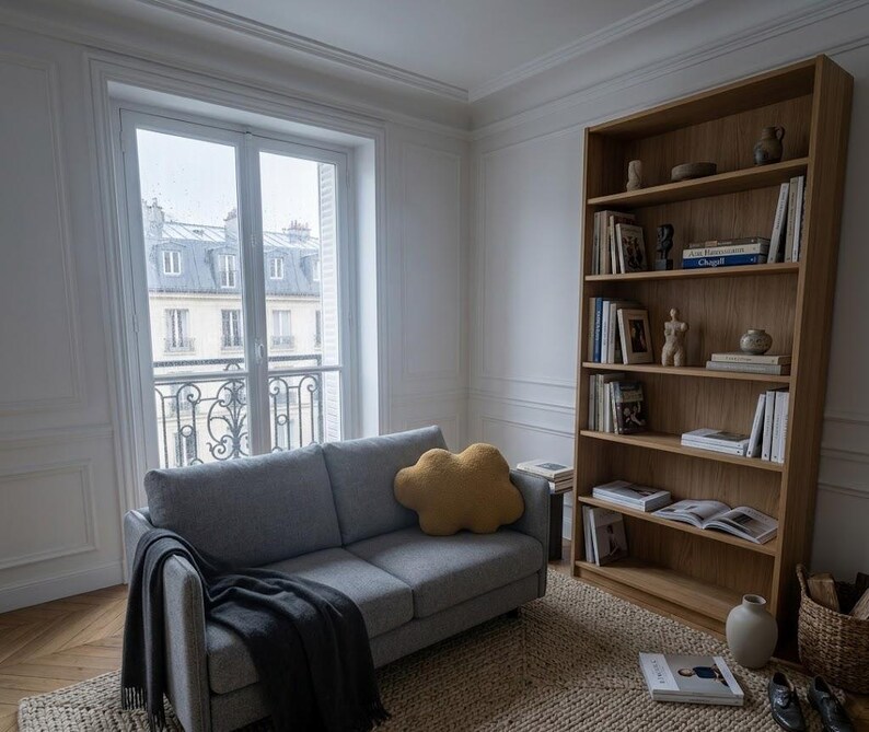 May include: A living room with a grey sofa, a yellow cloud-shaped cushion, and a dark grey throw. A tall wooden bookcase displays books and ornaments. A window provides a view of a city.